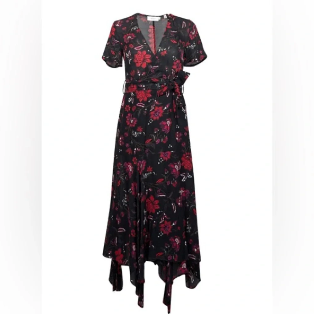 A.L.C. Cora Silk Floral Wrap Black Midi Dress 6